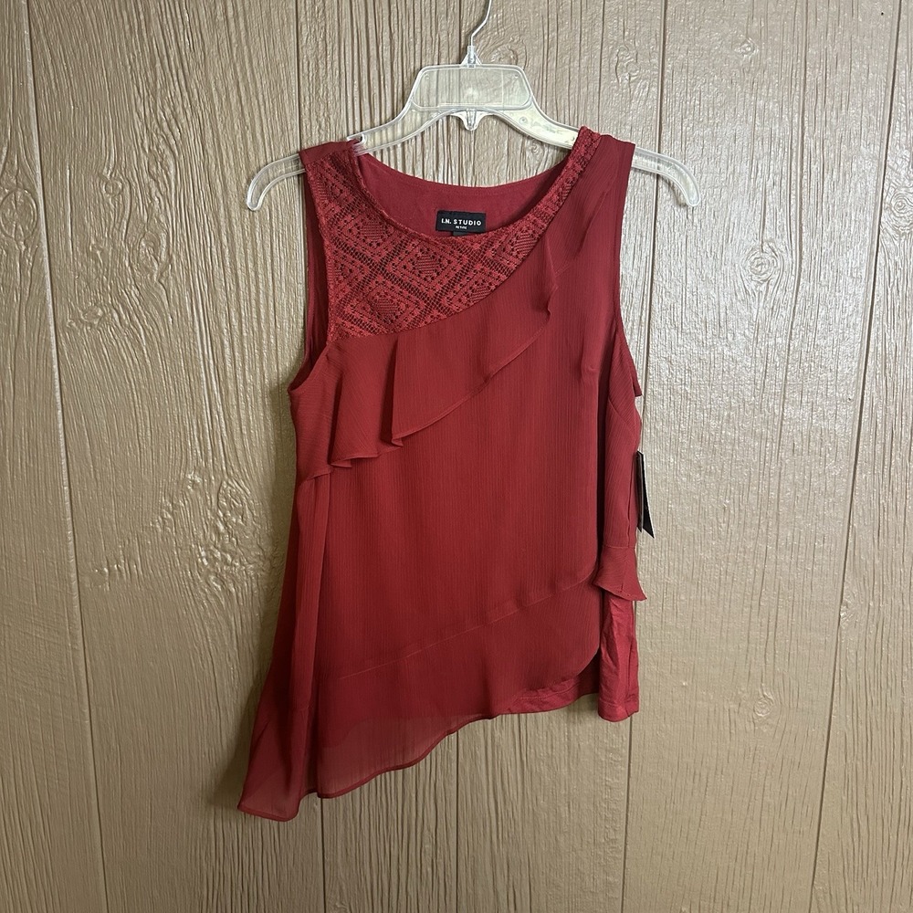 NWT I.N. Studio Red Sleeveless Blouse Red Lined Lace Detail Formal Ruffle SZ‎ PS